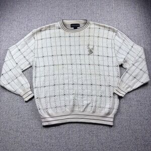 VTG 90s Croft Barrow Plaid Knit Sweater Mens L Cream Embroidered Buck Deer USA